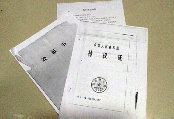 刘文武承包荒山合同书、公证书、林权证